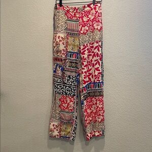 Zara Patchwork Patterned Red and Blue Floral Print Pants Size Medium